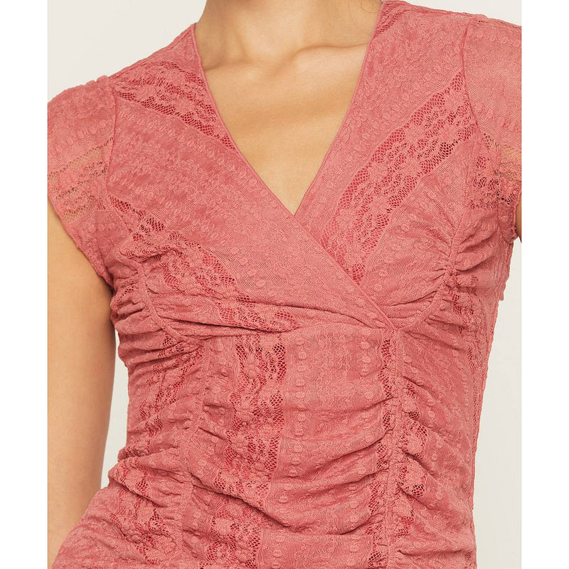 V Neck Wrap Lace Cap Sleeve Fitted Top