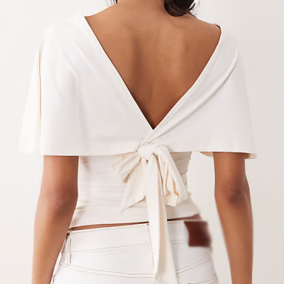 Deep V Neck Flutter Sleeve Tie Back Cinched Waist Top