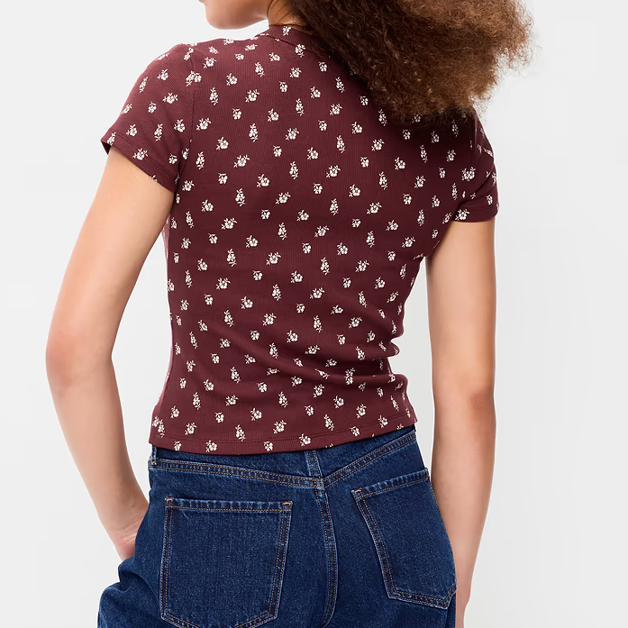 Crew Neck Ribbed Floral Print Short Sleeve Cropped T-Shirt