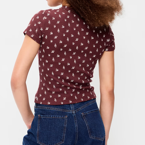 Crew Neck Ribbed Floral Print Short Sleeve Cropped T-Shirt