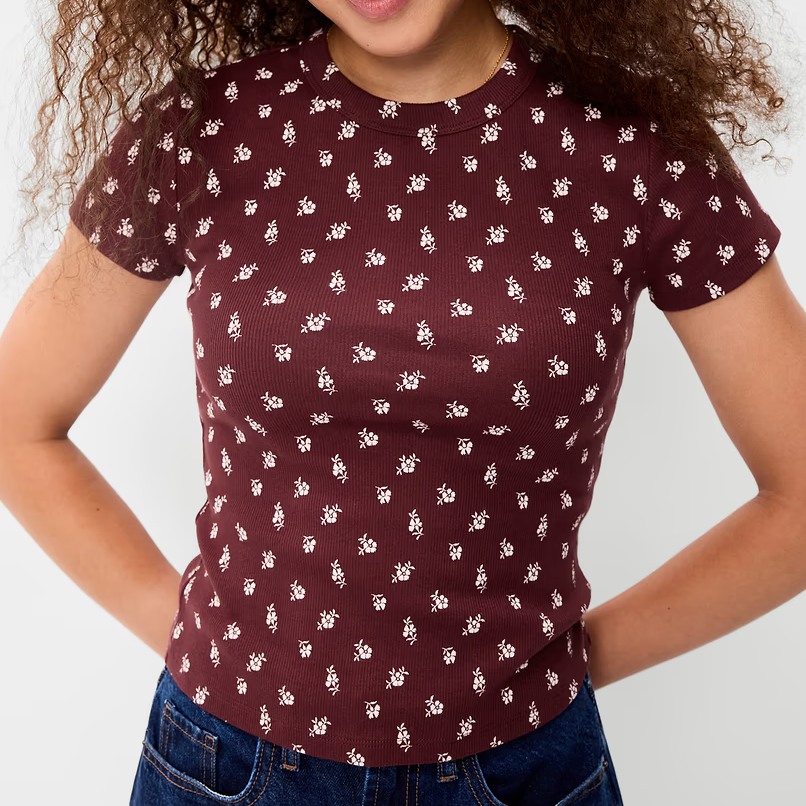 Crew Neck Ribbed Floral Print Short Sleeve Cropped T-Shirt