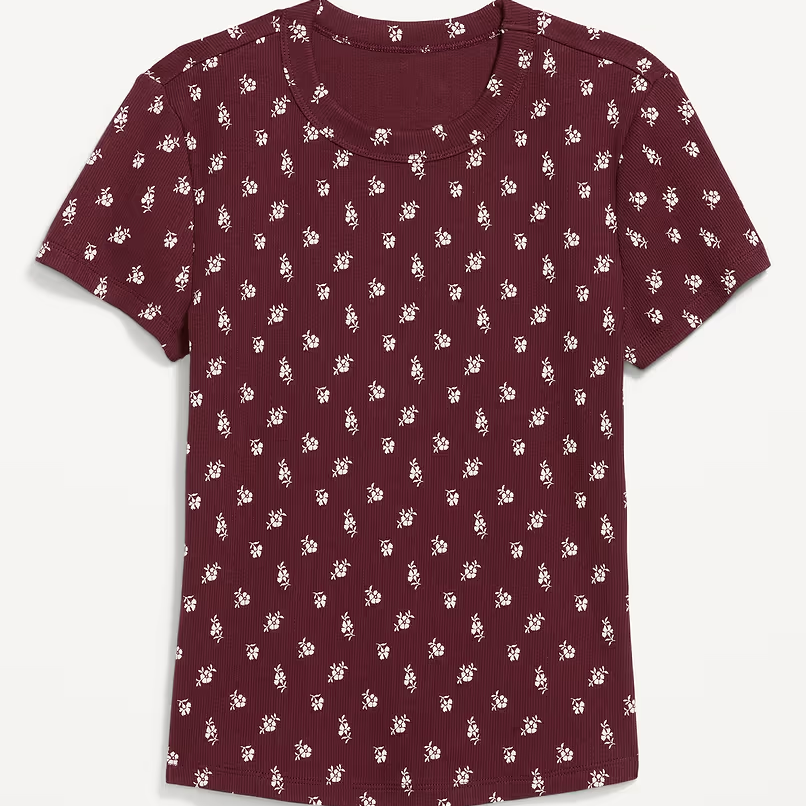 Crew Neck Ribbed Floral Print Short Sleeve Cropped T-Shirt