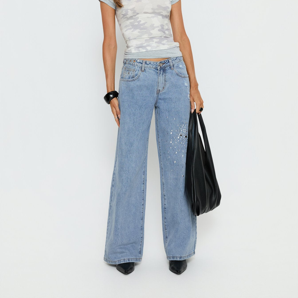Mid Rise Wide Leg Light Wash Studded Denim Jeans