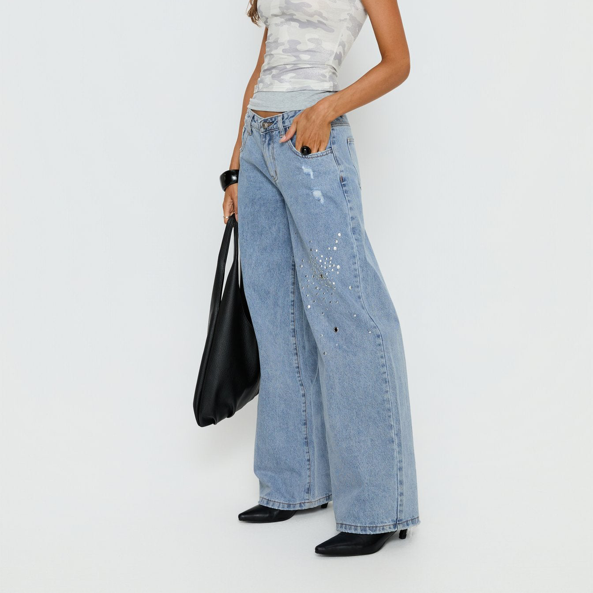 Mid Rise Wide Leg Light Wash Studded Denim Jeans
